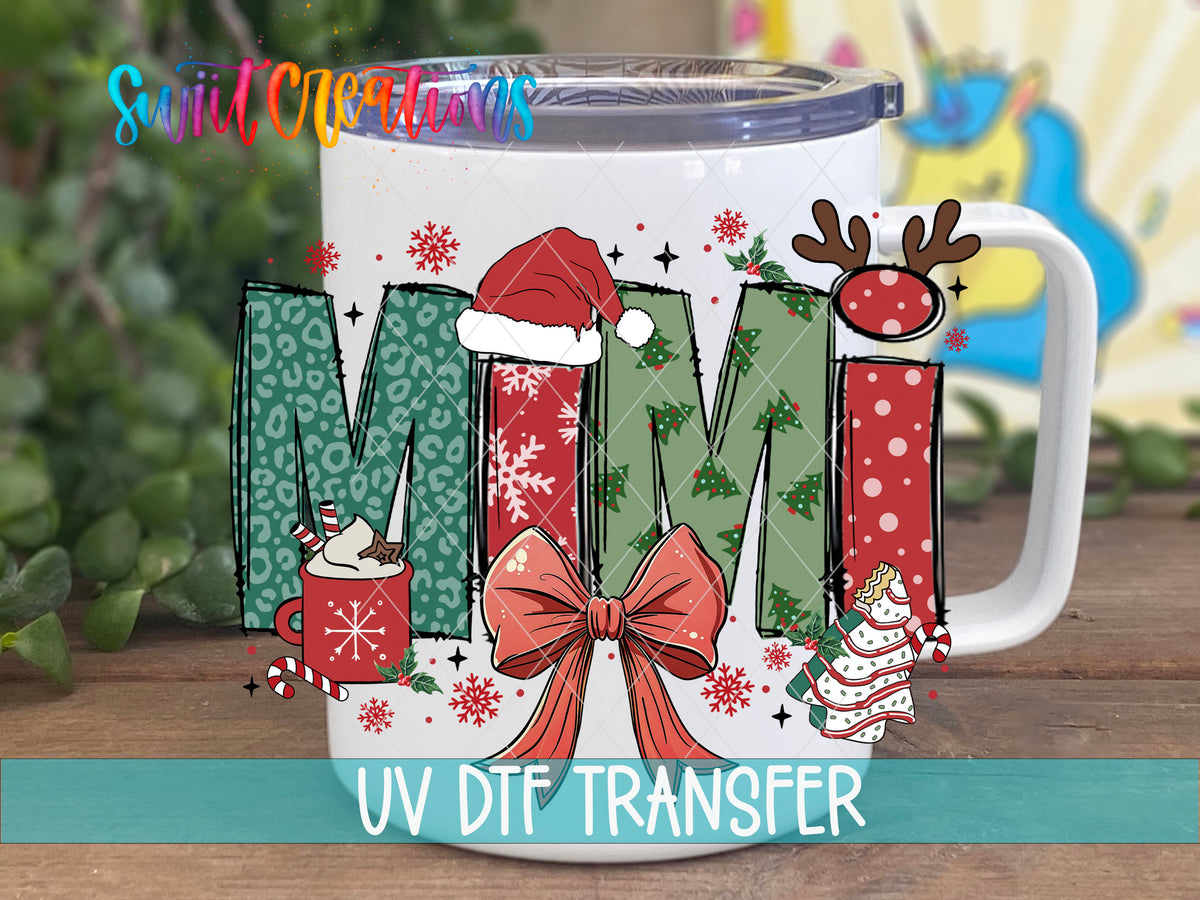 Mimi Christmas UV DTF transfer on a white stainless steel mug