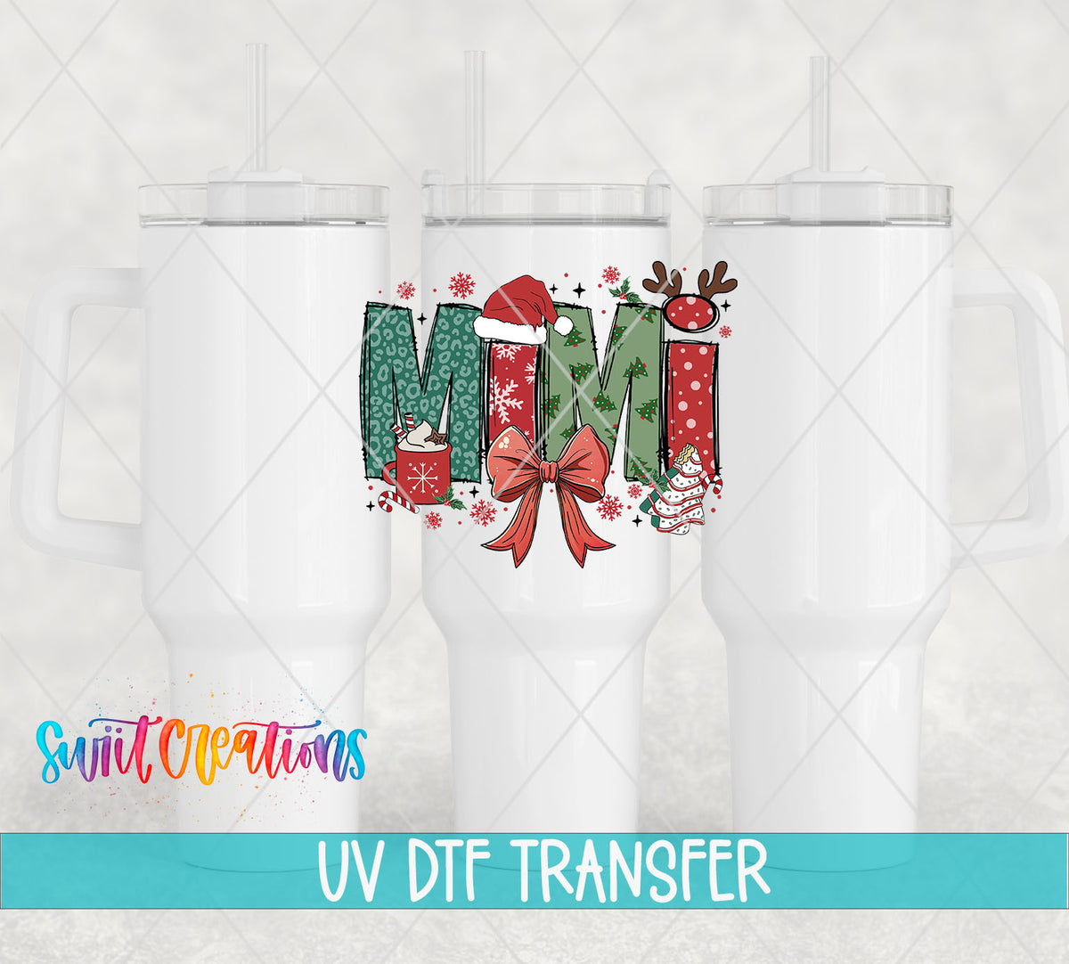 Mimi Christmas UV DTF transfer on white 40 oz tumblers