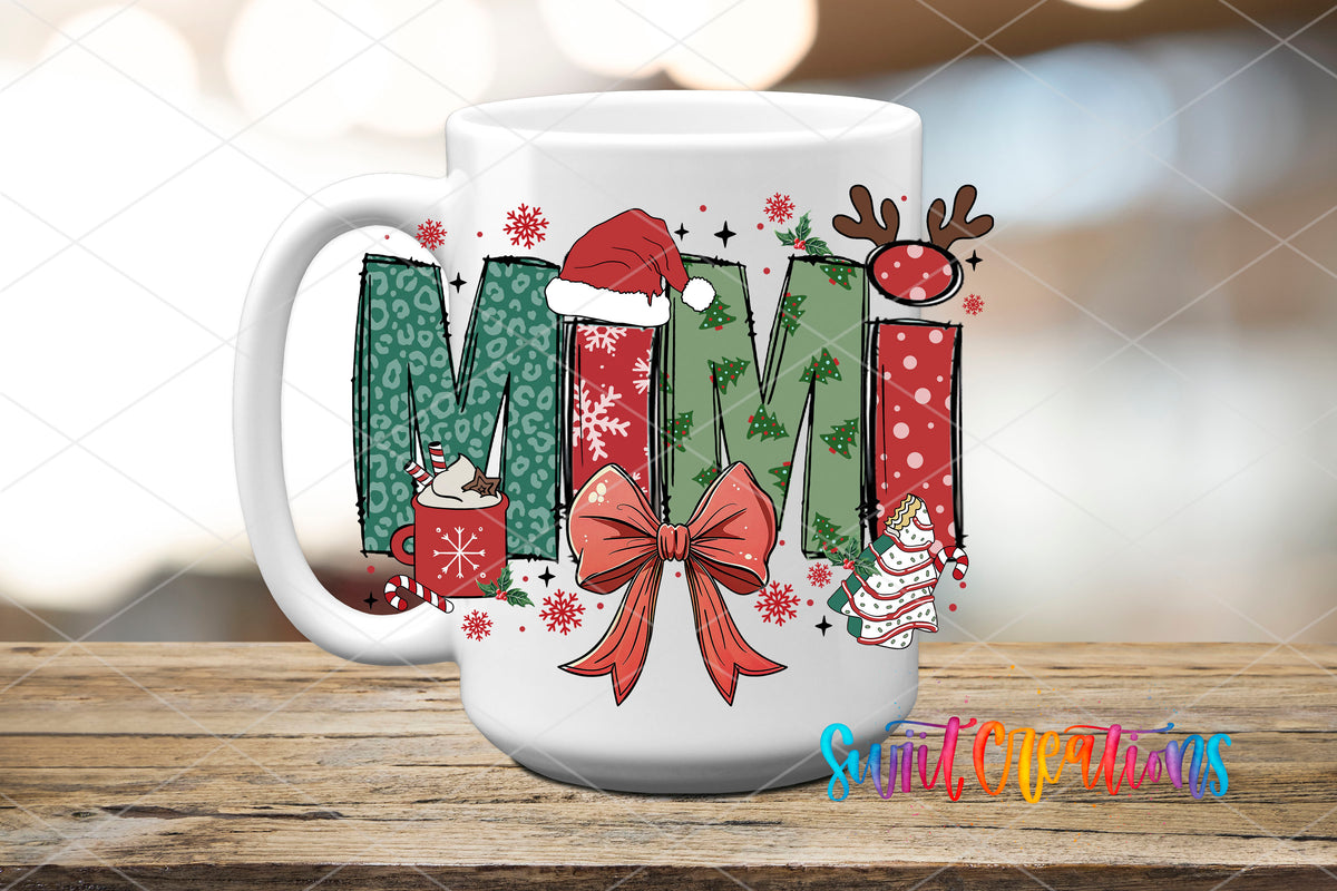 Mimi Christmas UV DTF transfer on a white ceramic coffee mug