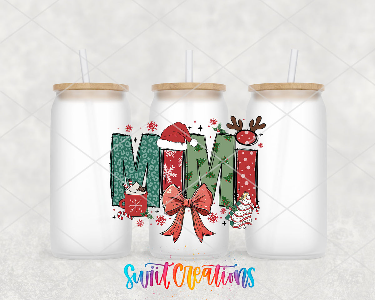 Mimi Christmas UV DTF transfer on three frosted glass cans on a white background