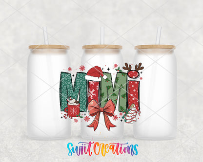 Mimi Christmas UV DTF transfer on three frosted glass cans on a white background