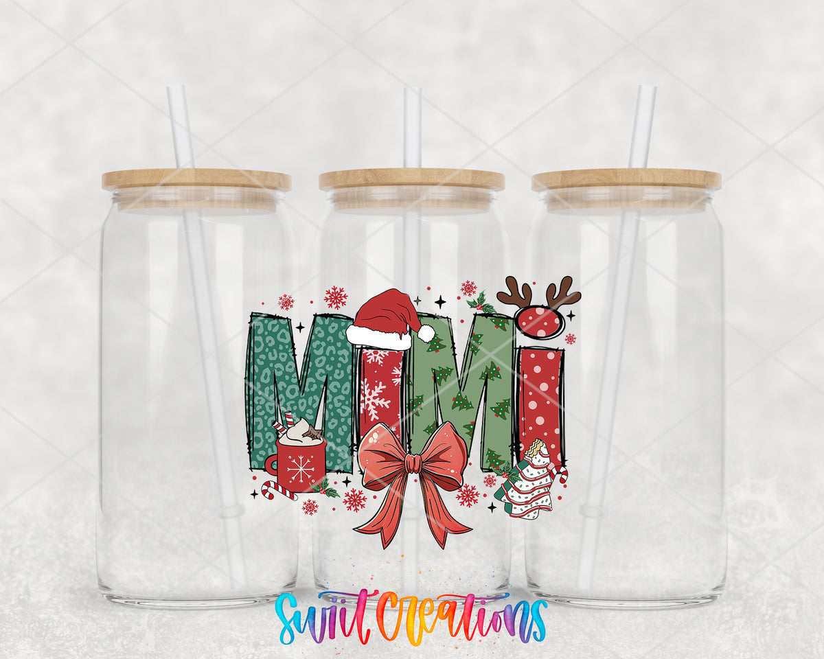 Mimi Christmas UV DTF transfer on three clear glass cans