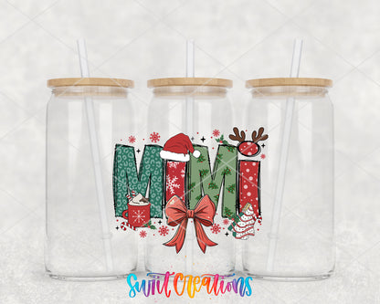 Mimi Christmas UV DTF transfer on three clear glass cans