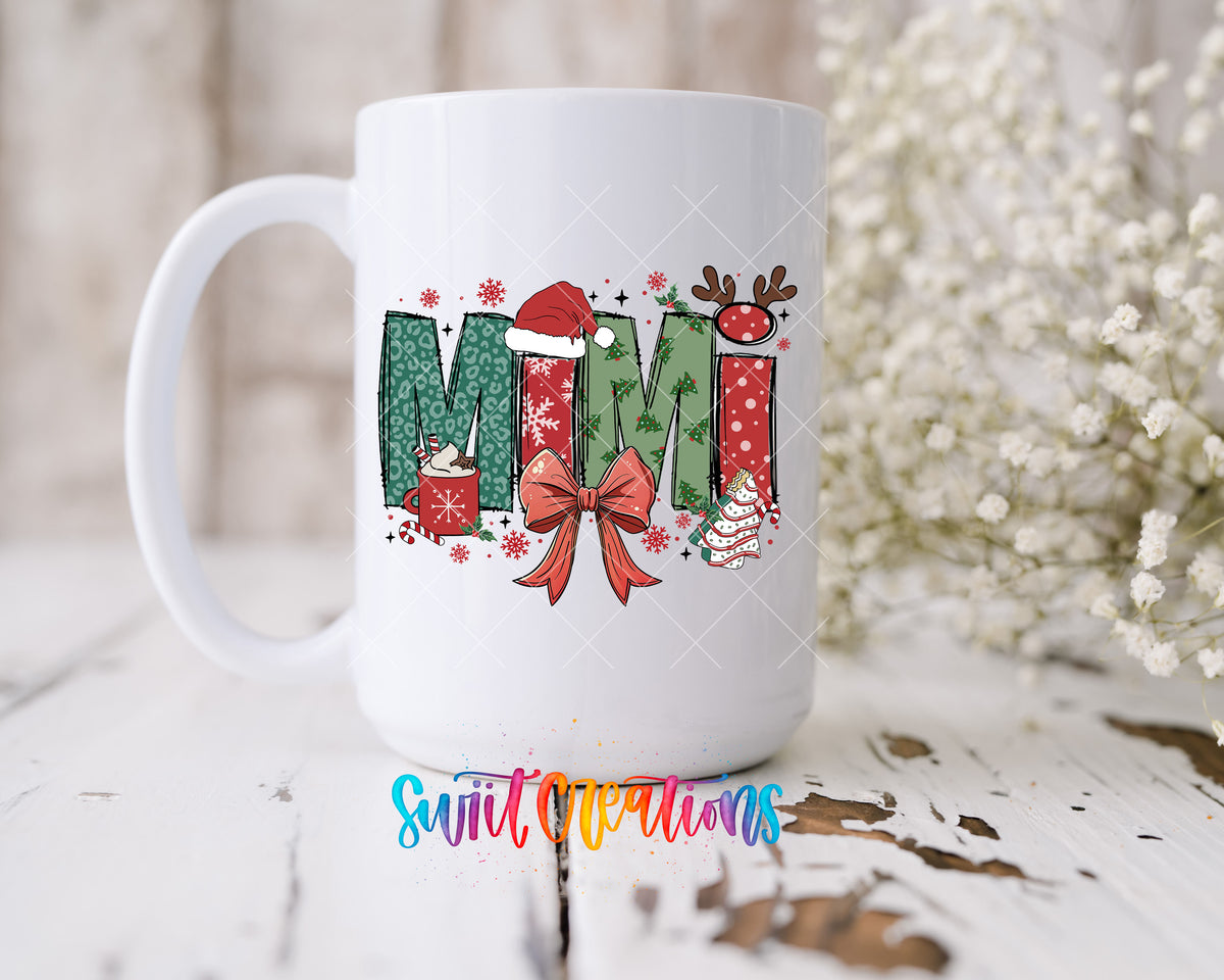 Mimi Christmas UV DTF transfer on a 15 oz white ceramic mug