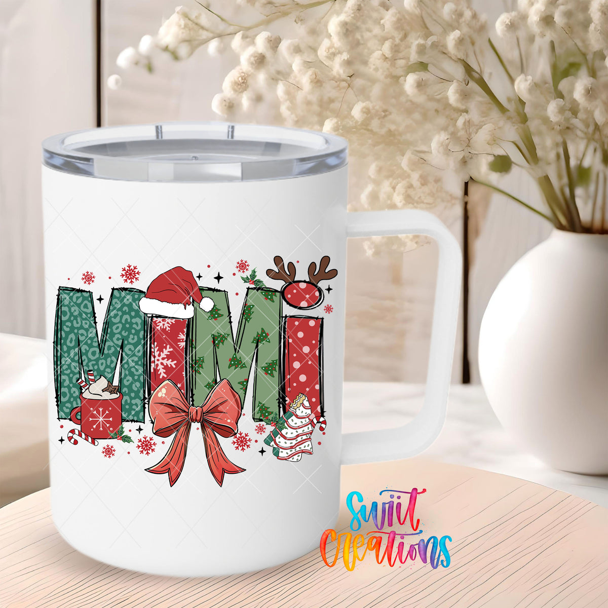 Mimi Christmas UV DTF transfer on a 12 oz white stainless steel mug