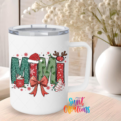 Mimi Christmas UV DTF transfer on a 12 oz white stainless steel mug