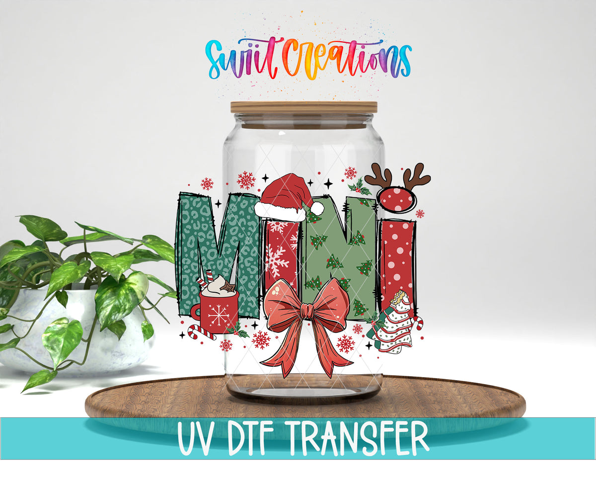 Mini Christmas UV DTF transfer on a clear glass can with a teal UV DTF Transfer banner
