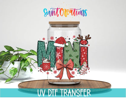 Mini Christmas UV DTF transfer on a clear glass can with a teal UV DTF Transfer banner