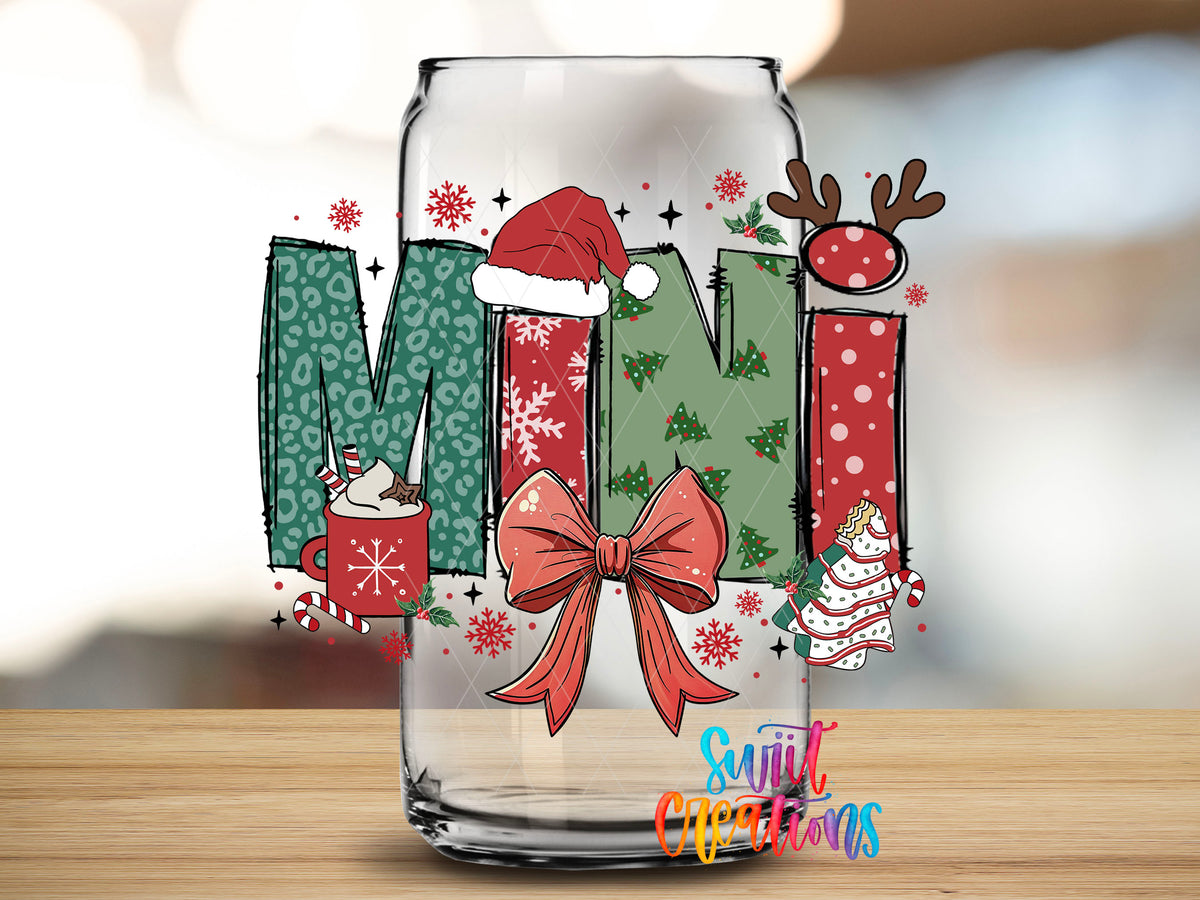Close-up of the Mini Christmas UV DTF transfer on a clear glass can