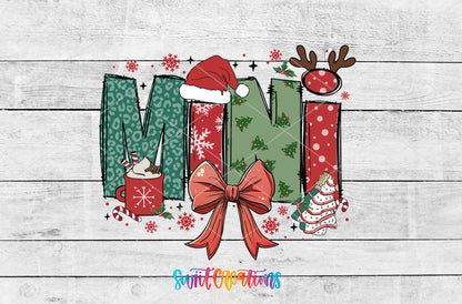 Mini Christmas UV DTF transfer artwork on a white wood background