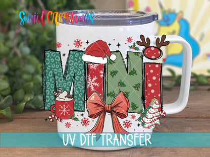 Mini Christmas UV DTF transfer on a white stainless steel mug
