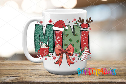 Mini Christmas UV DTF transfer on a white ceramic coffee mug