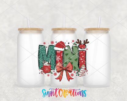 Mini Christmas UV DTF transfer on three frosted glass cans on a white background