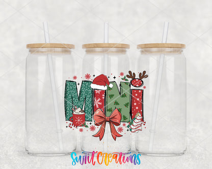 Mini Christmas UV DTF transfer on three clear glass cans