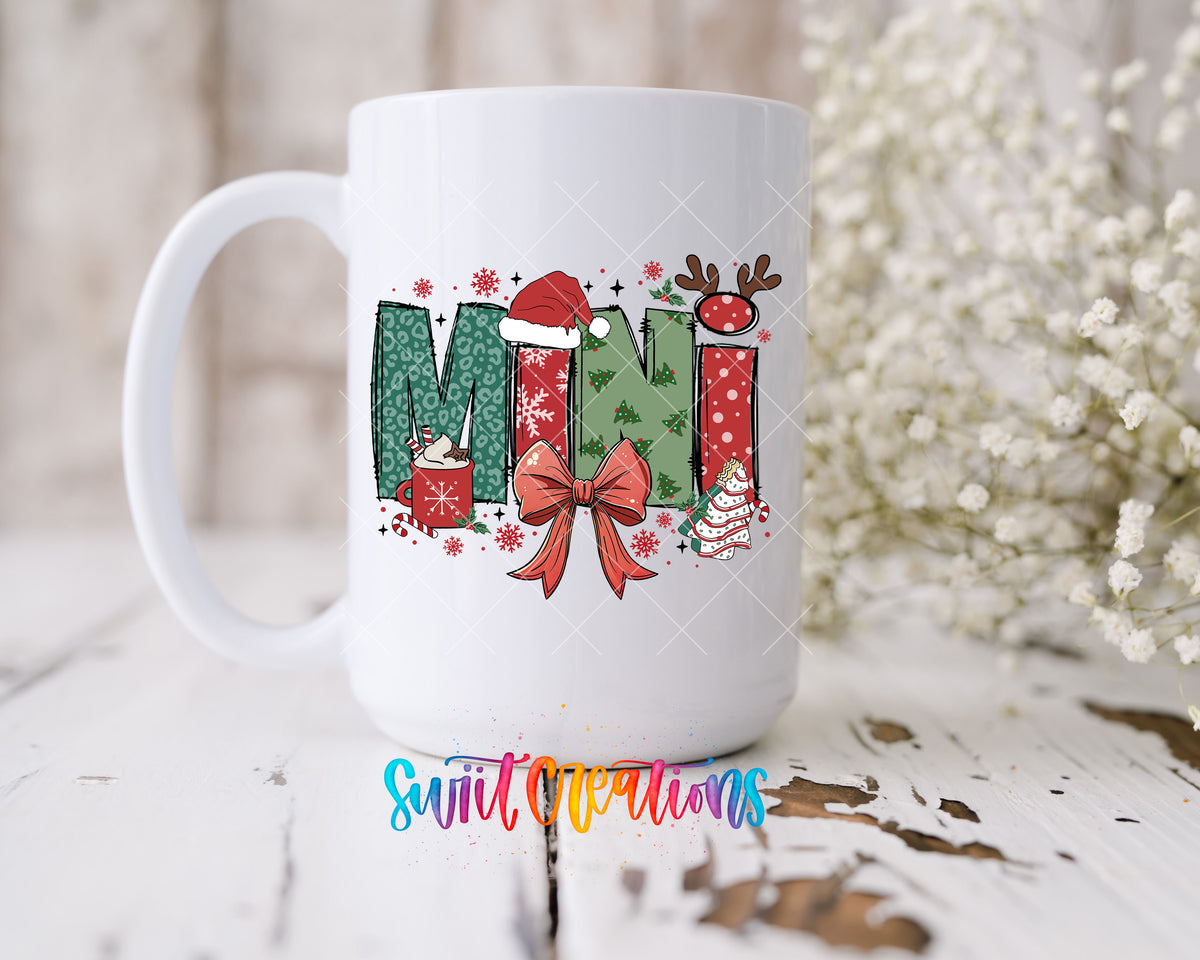 Mini Christmas UV DTF transfer on a 15 oz white ceramic mug