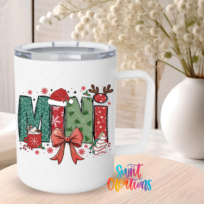 Mini Christmas UV DTF transfer on a 12 oz white stainless steel mug
