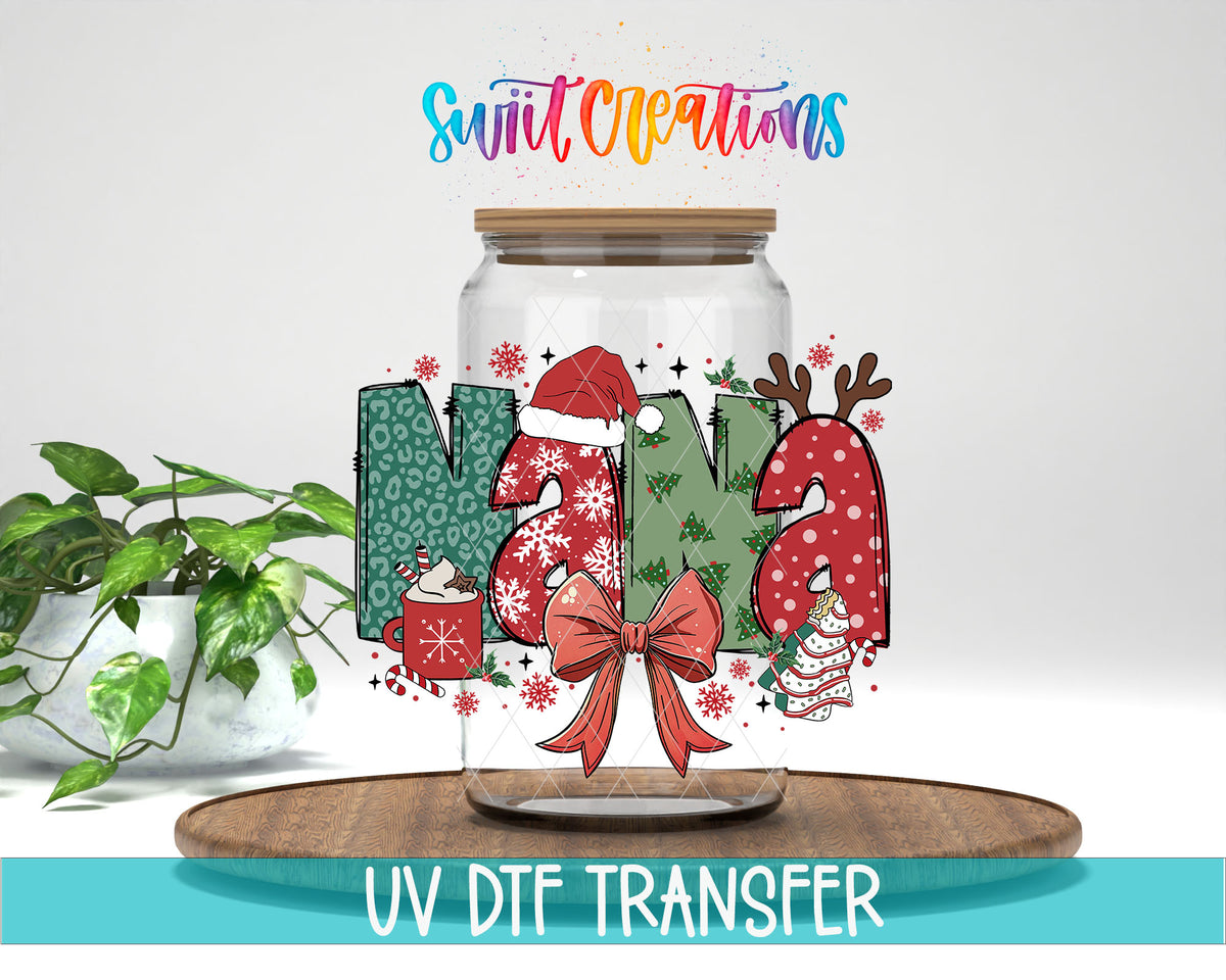 Nana Christmas UV DTF transfer on a clear glass can with a teal UV DTF Transfer banner