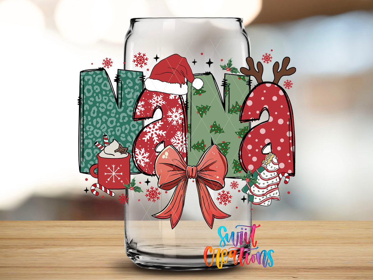 Close-up of the Nana Christmas UV DTF transfer on a clear glass can