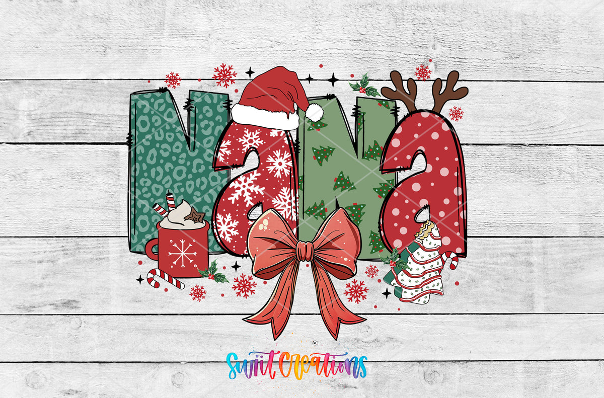 Nana Christmas UV DTF transfer artwork on a white wood background
