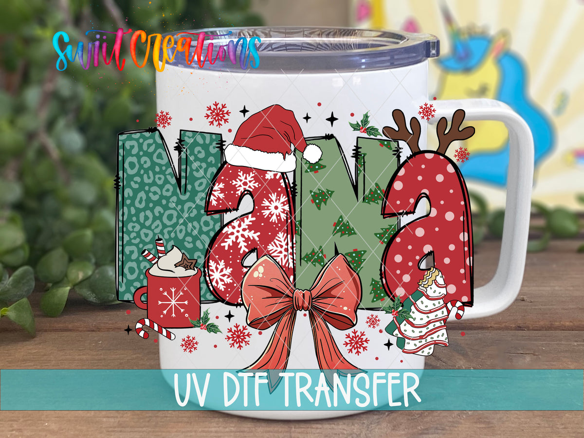 Nana Christmas UV DTF transfer on a white stainless steel mug
