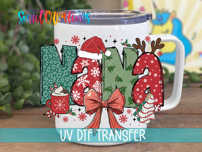 Nana Christmas UV DTF transfer on a white stainless steel mug