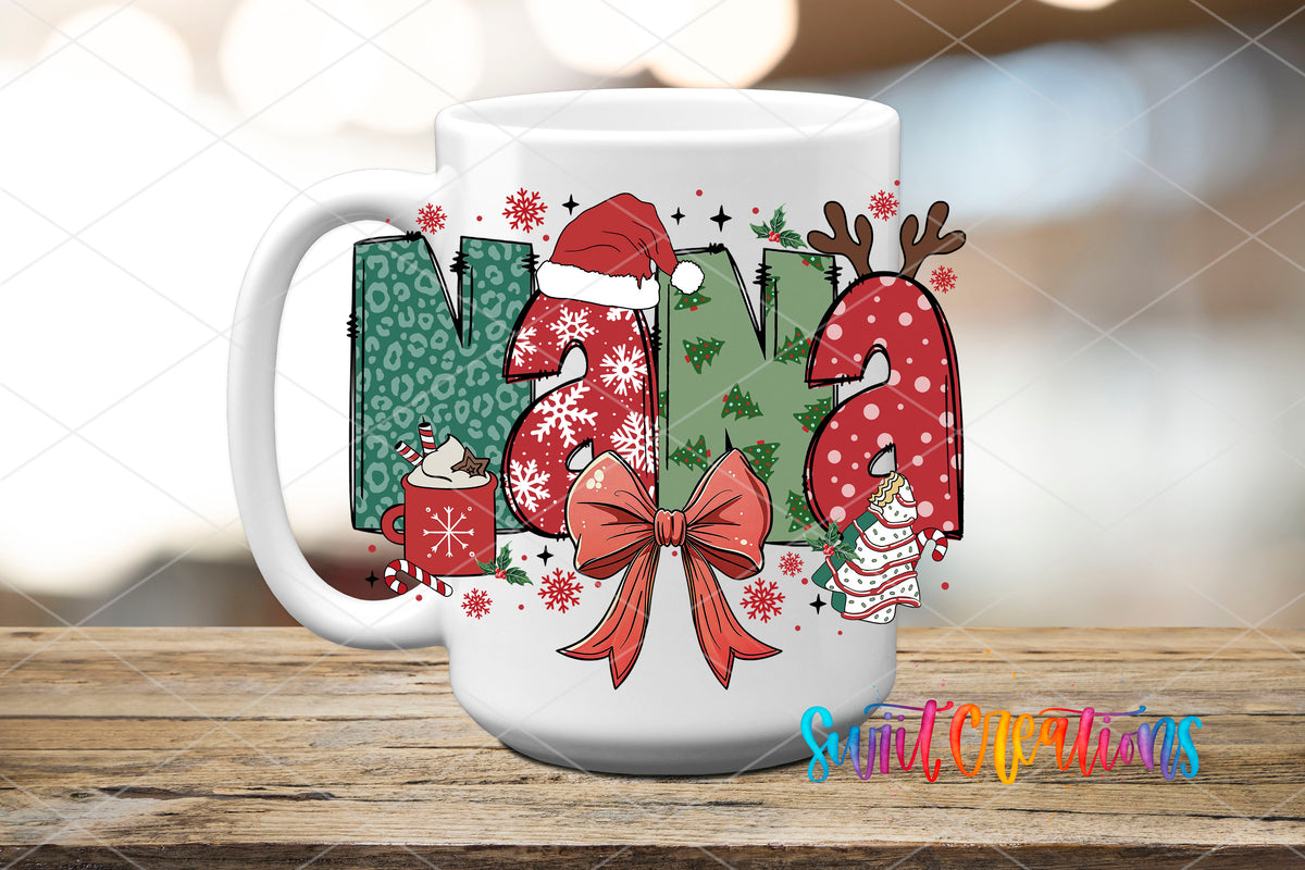 Nana Christmas UV DTF transfer on a white ceramic coffee mug