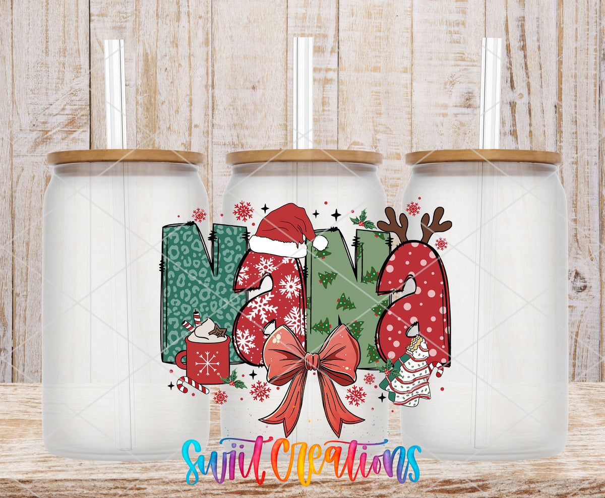Nana Christmas UV DTF transfer on three frosted glass cans on a wood background