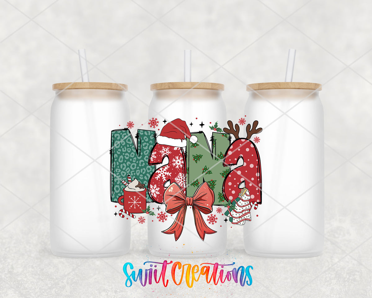Nana Christmas UV DTF transfer on three frosted glass cans on a white background