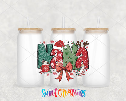Nana Christmas UV DTF transfer on three frosted glass cans on a white background
