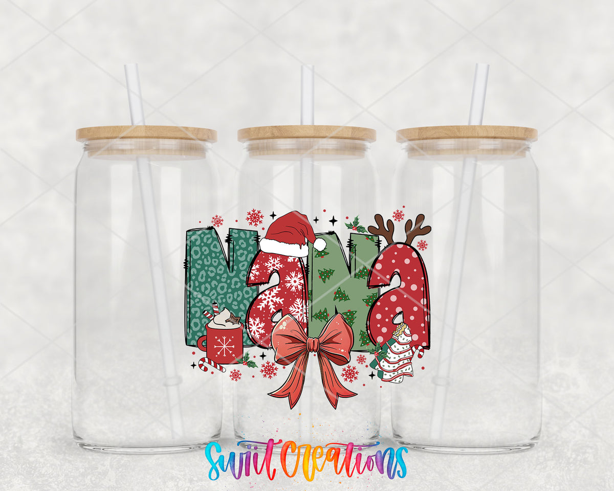 Nana Christmas UV DTF transfer on three clear glass cans