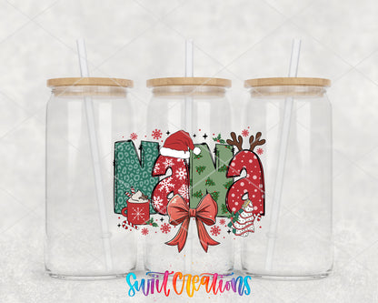 Nana Christmas UV DTF transfer on three clear glass cans
