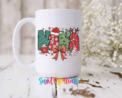 Nana Christmas UV DTF transfer on a 15 oz white ceramic mug