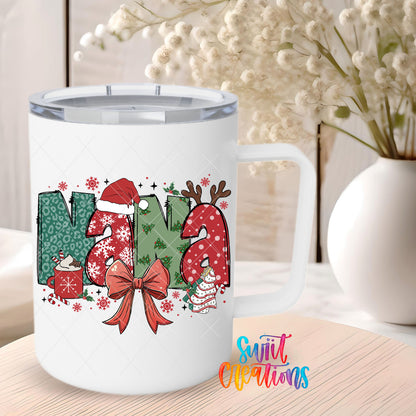 Nana Christmas UV DTF transfer on a 12 oz white stainless steel mug