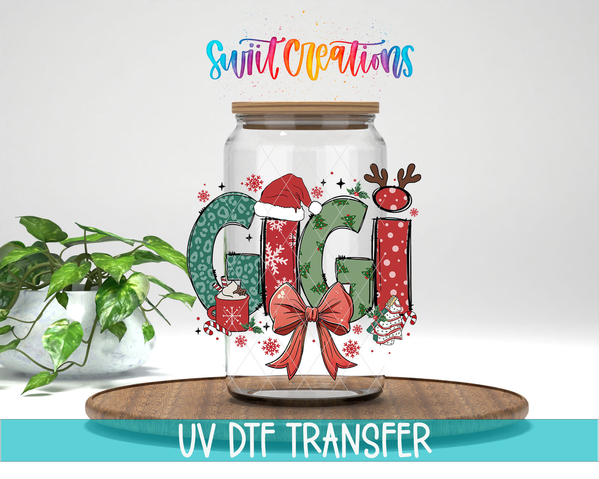 Gigi Christmas UV DTF transfer on a clear glass can with a teal UV DTF Transfer banner