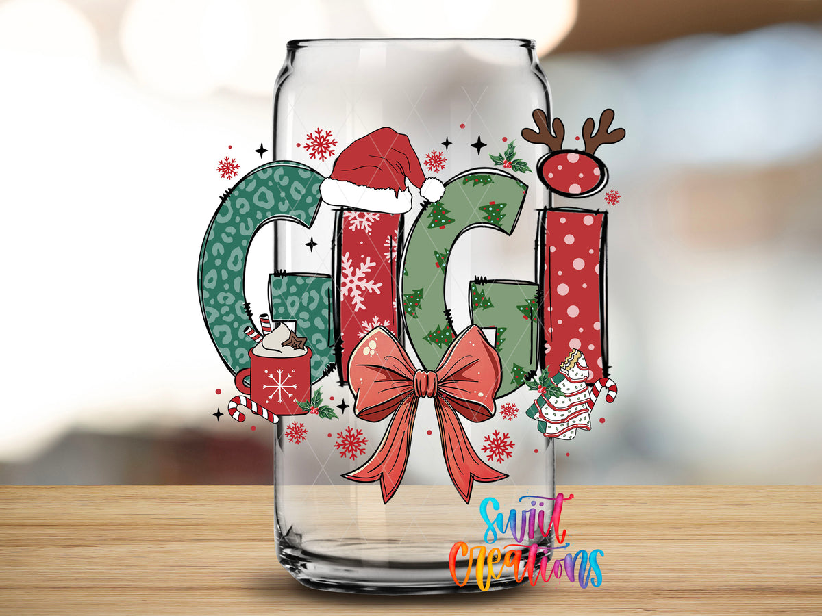 Close-up of the Gigi Christmas UV DTF transfer on a clear glass can