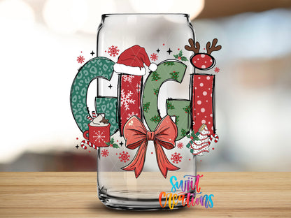 Close-up of the Gigi Christmas UV DTF transfer on a clear glass can