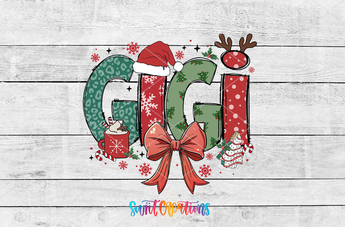 Gigi Christmas UV DTF transfer artwork on a white wood background