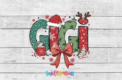 Gigi Christmas UV DTF transfer artwork on a white wood background