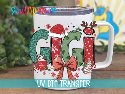 Gigi Christmas UV DTF transfer on a white stainless steel mug