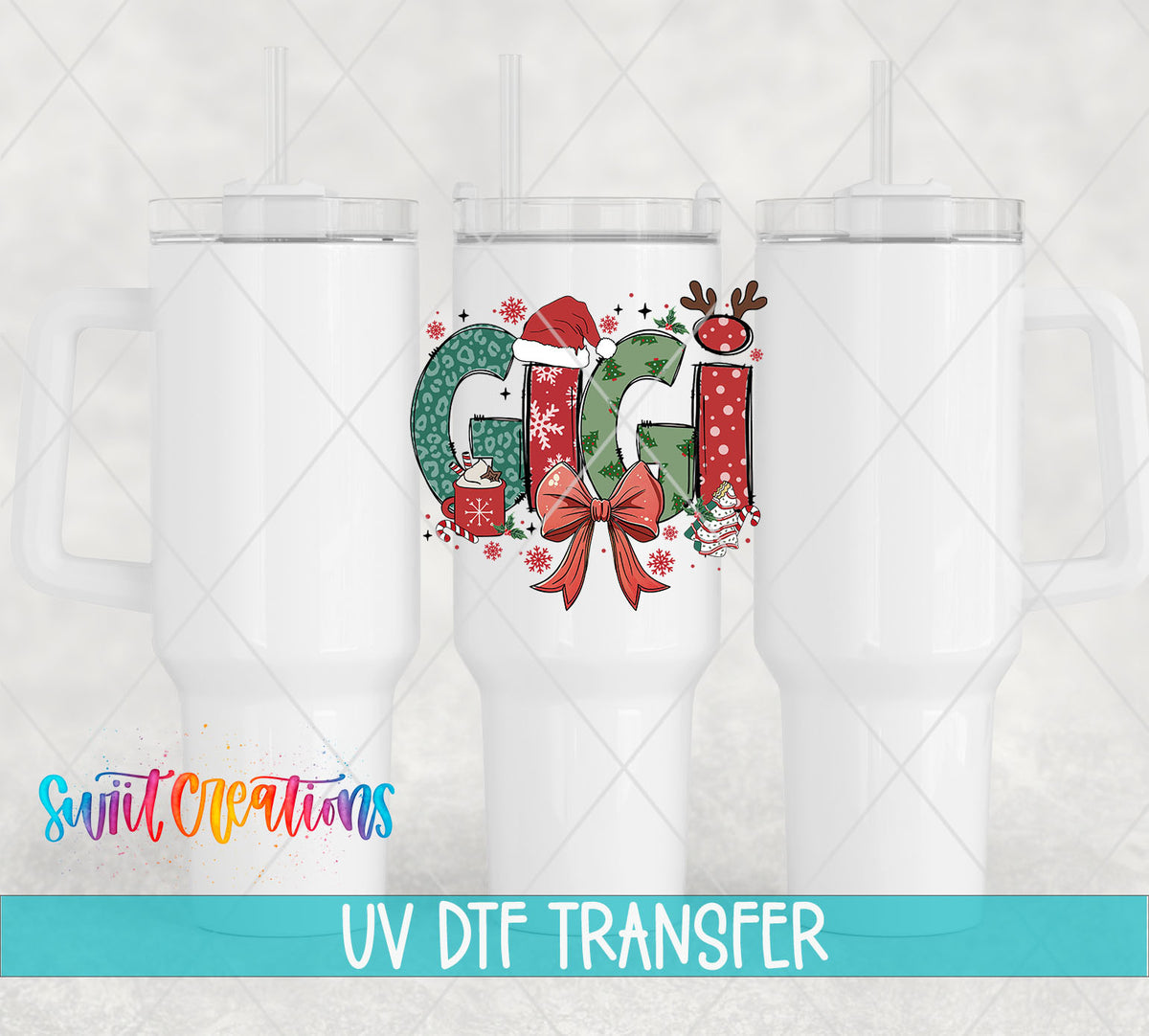 Gigi Christmas UV DTF transfer on white 40 oz tumblers