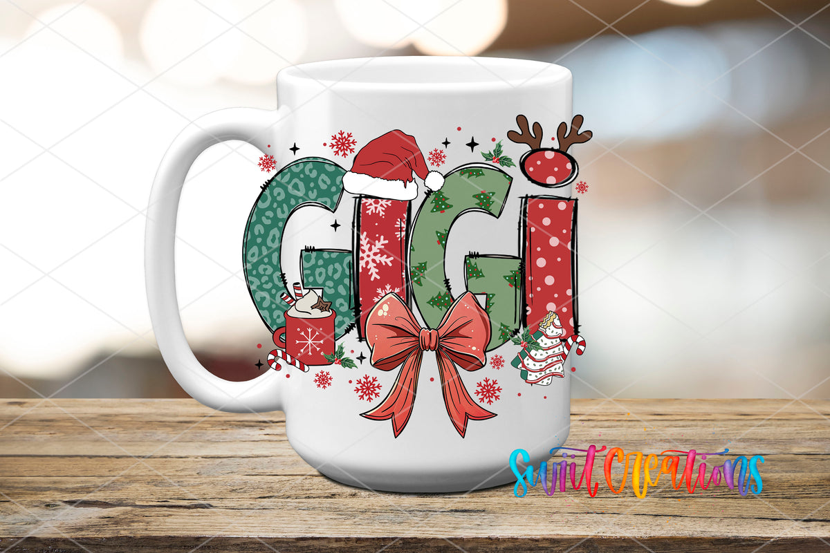 Gigi Christmas UV DTF transfer on a white ceramic coffee mug