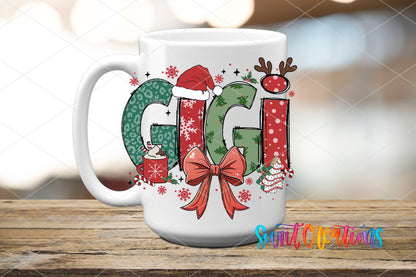 Gigi Christmas UV DTF transfer on a white ceramic coffee mug