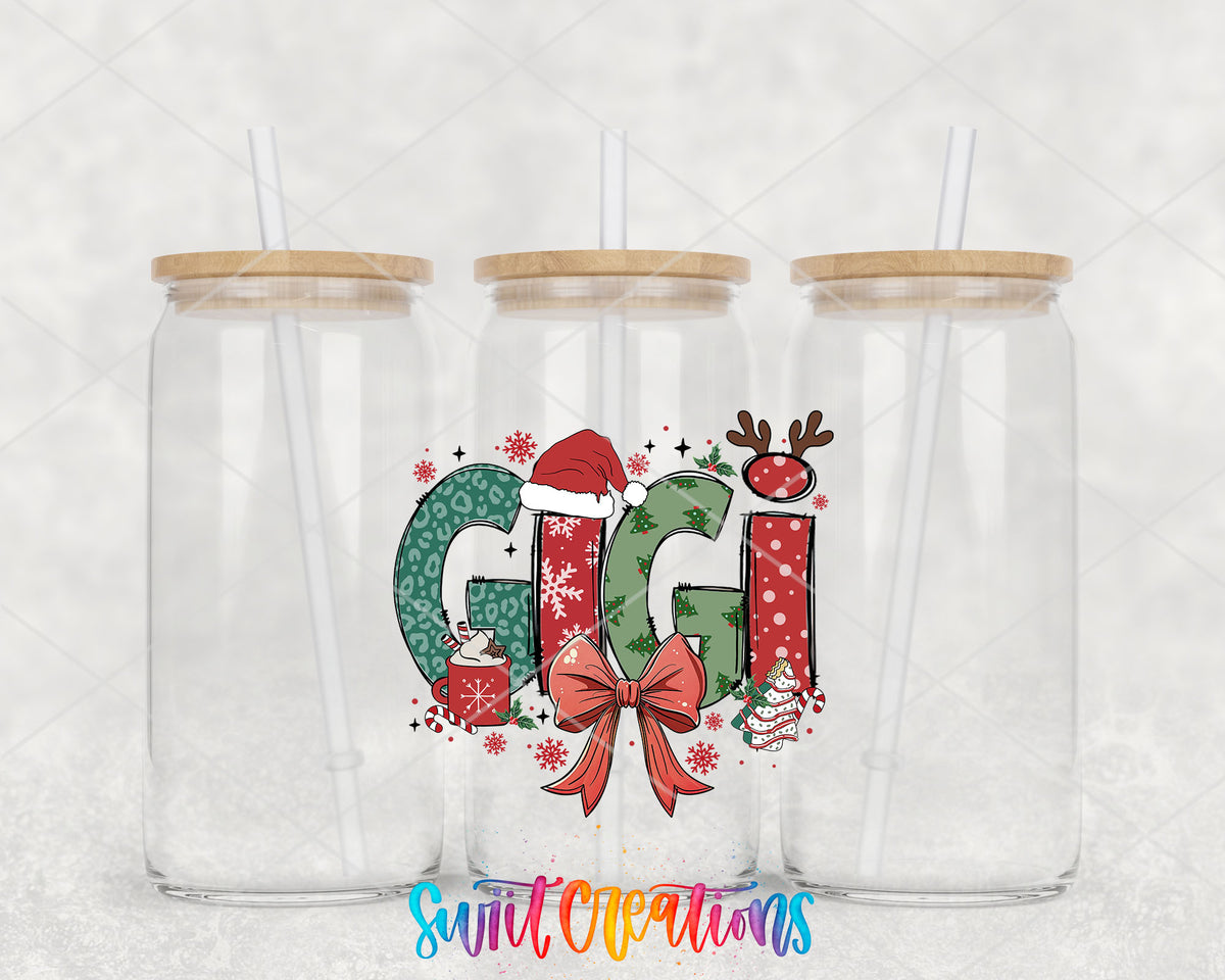 Gigi Christmas UV DTF transfer on three clear glass cans