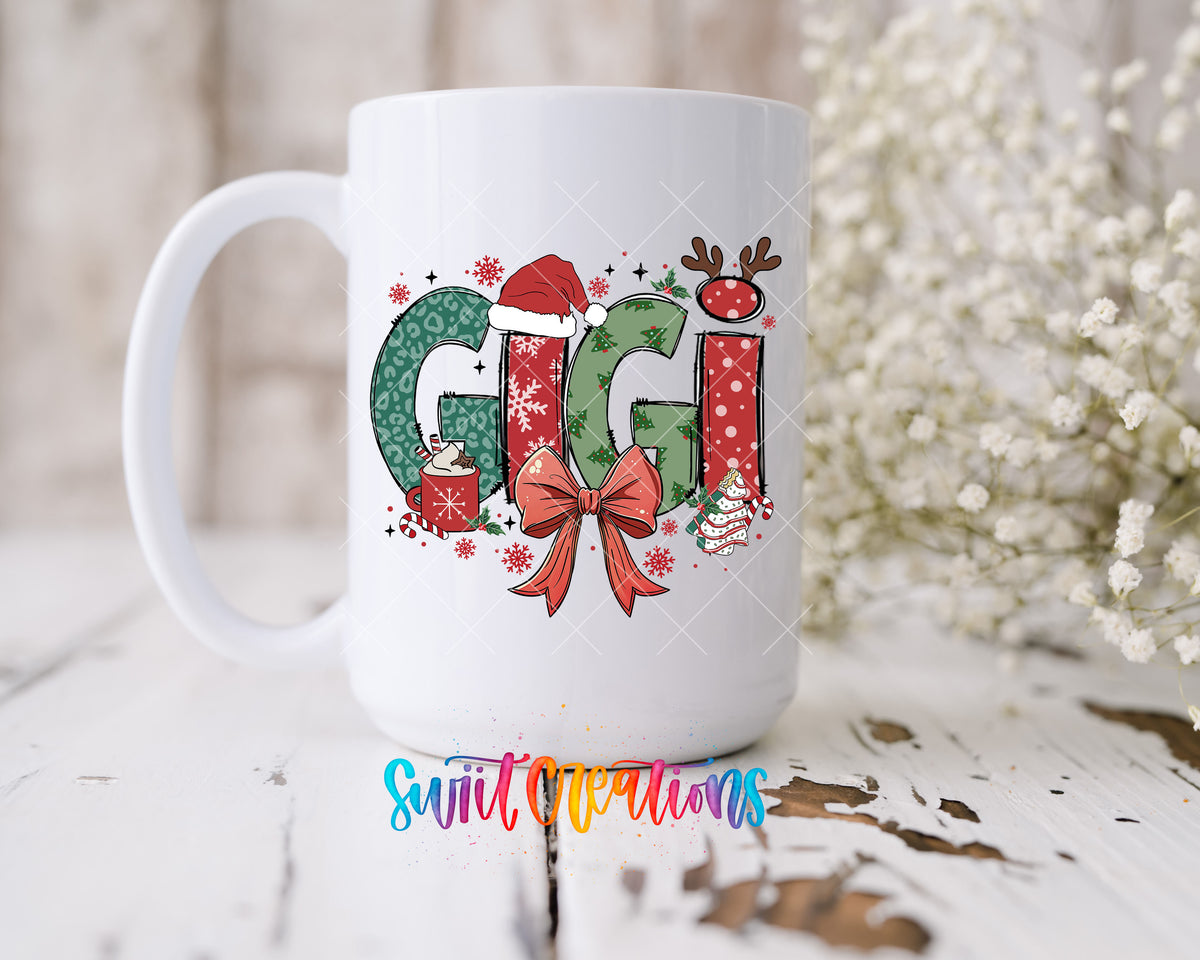 Gigi Christmas UV DTF transfer on a 15 oz white ceramic mug