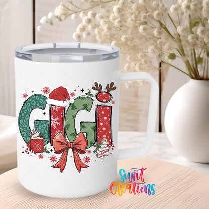Gigi Christmas UV DTF transfer on a 12 oz white stainless steel mug