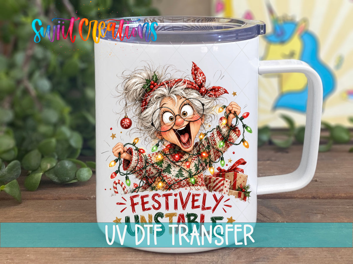 Festively Unstable grandma UV DTF transfer on a white stainless steel mug