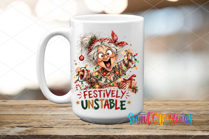 Festively Unstable grandma UV DTF transfer on a white ceramic coffee mug