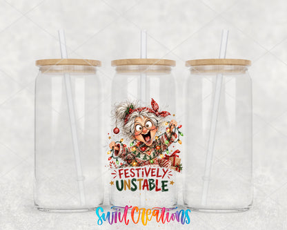 Festively Unstable grandma UV DTF transfer on three clear glass cans
