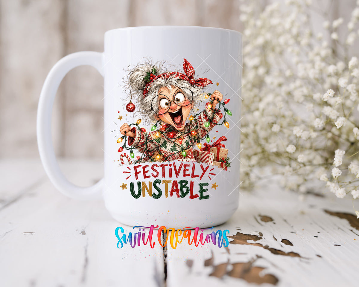 Festively Unstable grandma UV DTF transfer on a 15 oz white ceramic mug