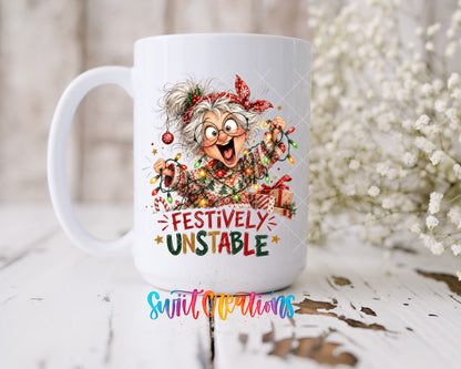 Festively Unstable grandma UV DTF transfer on a 15 oz white ceramic mug